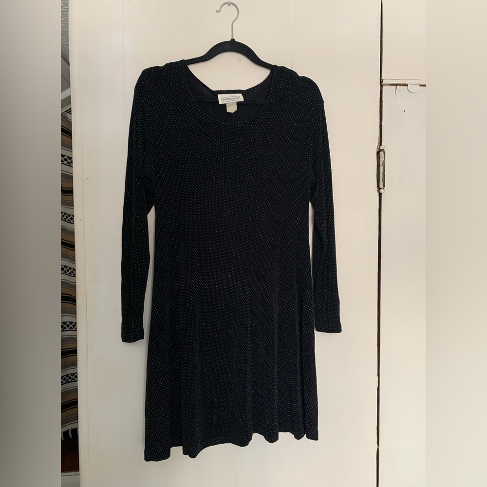Slinky black flowy sparkly midi dress long sleeves stretchy M/L Impressions LBD